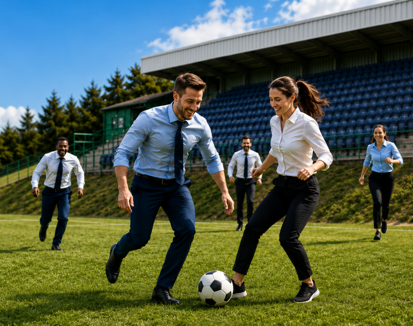 Business professionals enjoying a soccer game