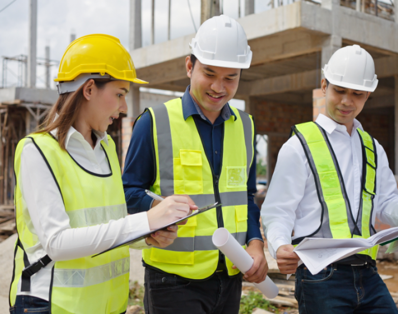 Young people in hard hats training on a building site